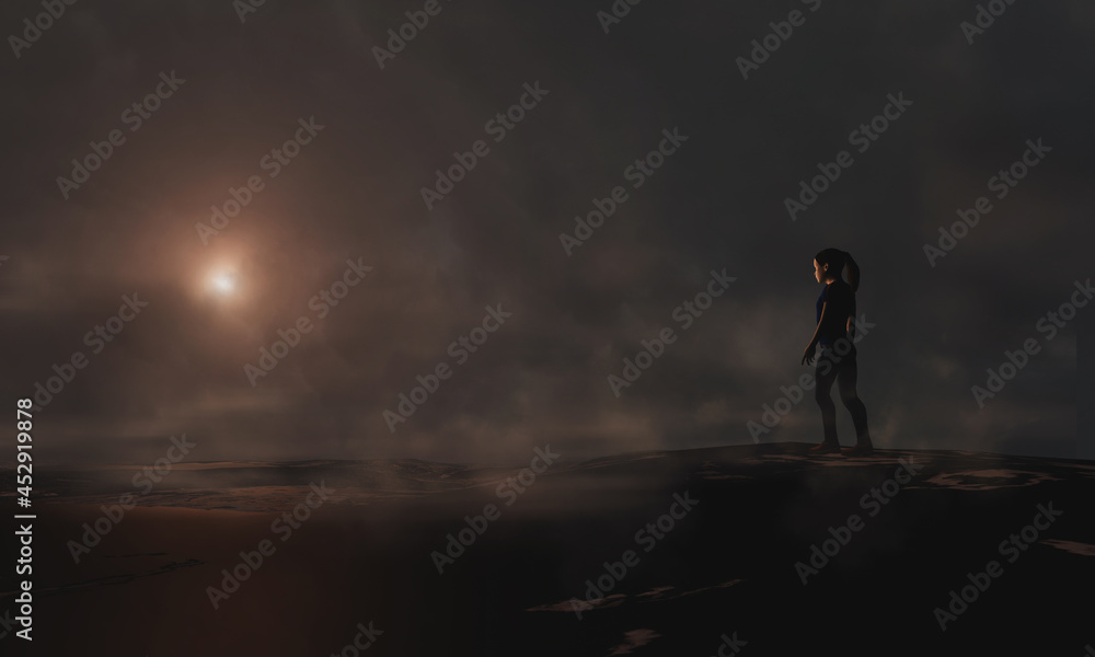 Girl, young woman walking in dark foggy landscape. Film look background, 3D illustration