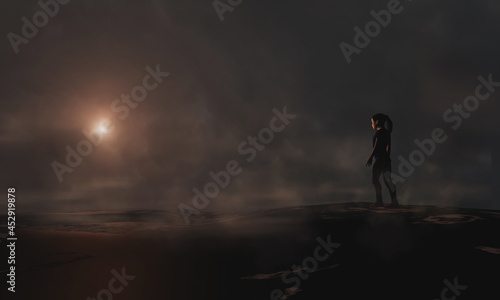 Girl, young woman walking in dark foggy landscape. Film look background, 3D illustration © Space Creator