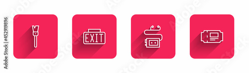 Set line Paint brush, Exit sign, Museum audio guide and ticket with long shadow. Red square button. Vector