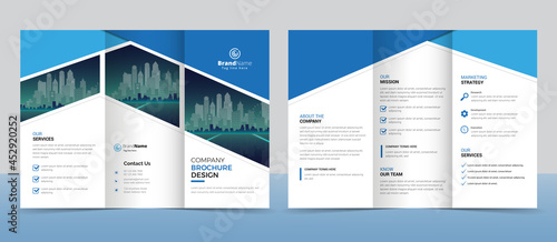Business Brochure Template in Tri Fold Layout. Corporate Design Leaflet with replicable image.	