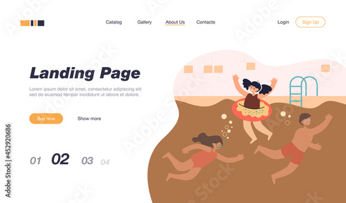 Cartoon children swimming in pool. Flat vector illustration. Happy boys and girls in swimwear playing in water. Fitness, vacation, summer, friendship concept for banner design or landing page