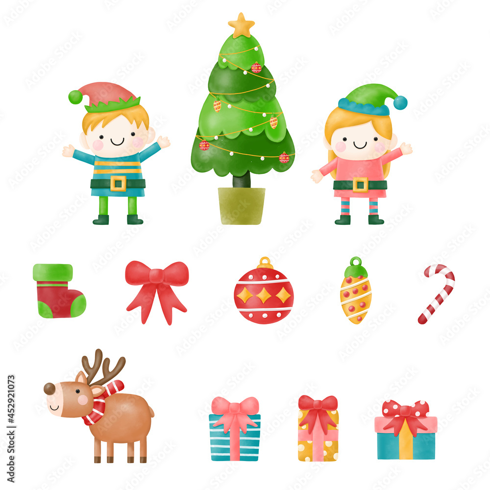 Fototapeta premium watercolor Elf Clipart, Merry Christmas, Digital painting