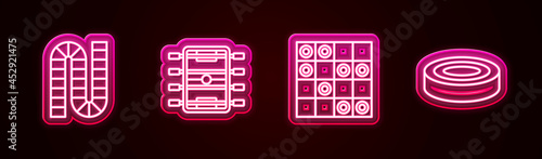 Set line Board game, Hockey table, of checkers and Checker chips. Glowing neon icon. Vector