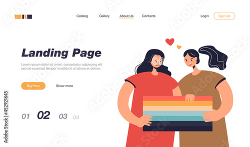 Happy girls holding rainbow flag together. Female couple smiling, supporting LGBT community and movement flat vector illustration. LGBT pride, love concept for banner, website design or landing page