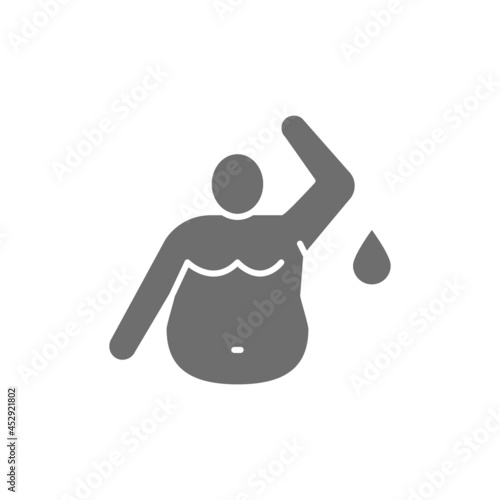 Fat sweaty man, obesity man grey icon.