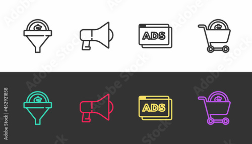 Set line Lead management, Megaphone, Advertising and Shopping cart and dollar on black and white. Vector