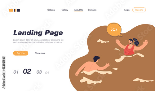 Lifeguard swimming towards drowning woman. Female character calling for help in sea or ocean flat vector illustration. Accident, emergency concept for banner, website design or landing web page