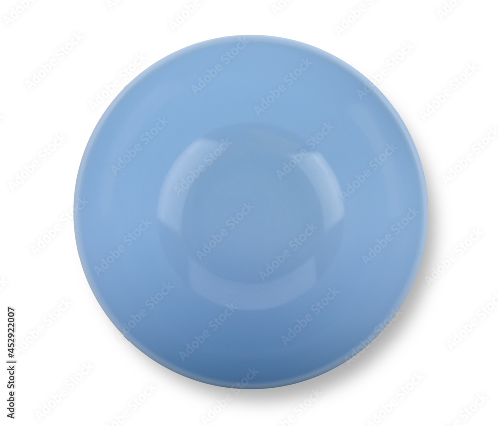 Empty blue bowl on white background.