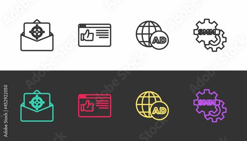 Set line Mail and e-mail, Browser window, Advertising and Social media marketing on black and white. Vector