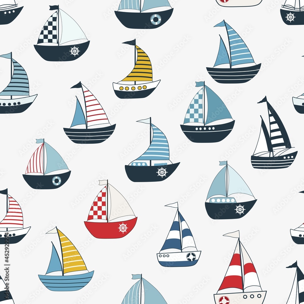 Marine seamless pattern with cartoon boats Marine seamless pattern with cartoon boats