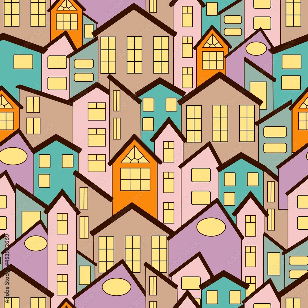 Vector seamless pattern of different houses with lights in the windows. Windows of different sizes and shapes. Multicolored illustration for wallpaper. 