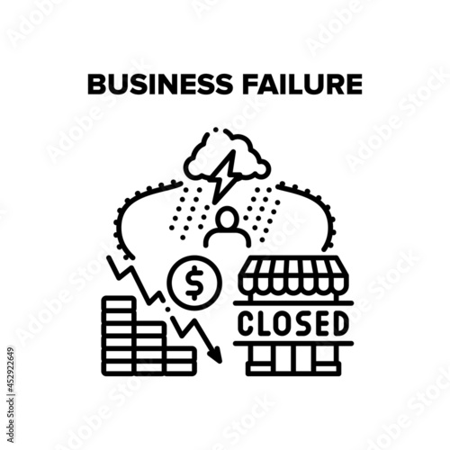Business Failure Vector Icon Concept. Business Failure Company Problem, Falling Financial Income And Increasing Expense. Closed Store And Bankruptcy. Stressed Businessman Black Illustration