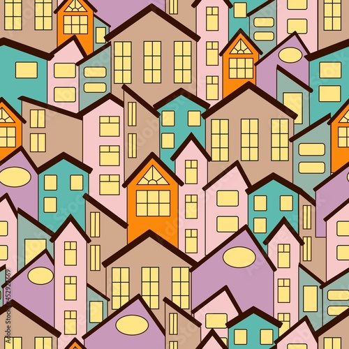 Vector seamless pattern of different houses with lights in the windows. Windows of different sizes and shapes. Multicolored illustration for wallpaper.  © Анастасия Маленко