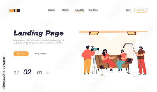 People recording interview in studio. Flat vector illustration. Host, guest person and crew of videographers with cameras filming interview for tv show, news report. Broadcasting, interview concept