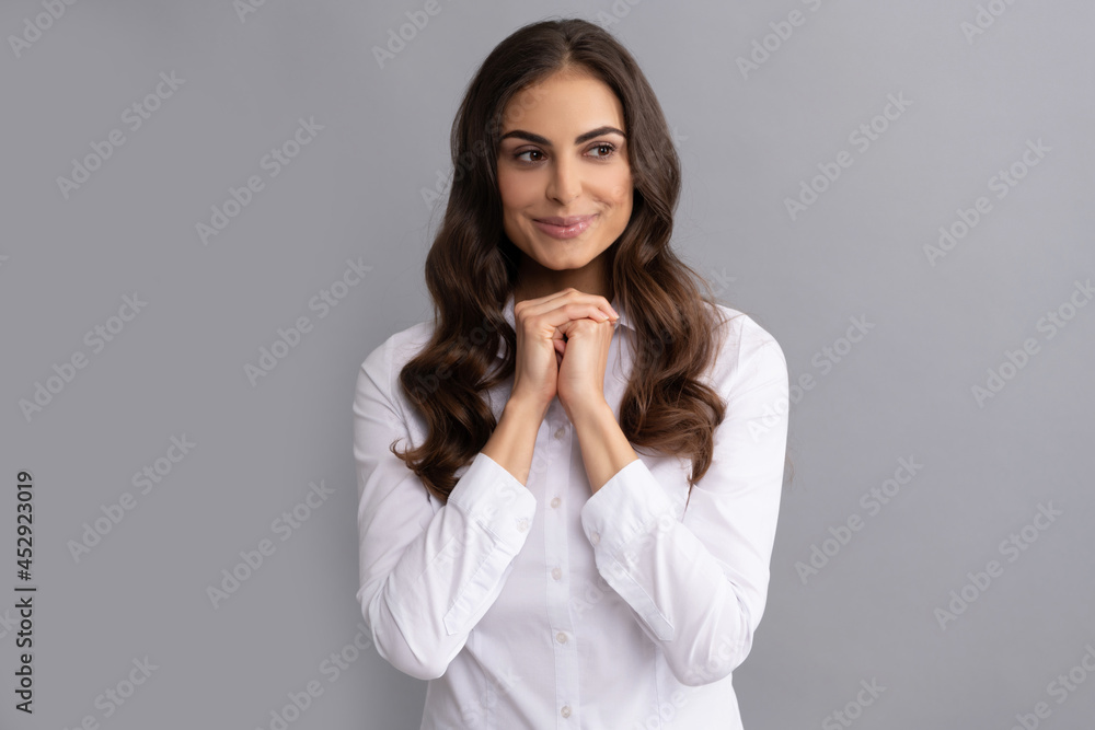 Think positive. Happy woman think smiling. Thoughtful career girl grey background Think positive. Happy woman think smiling. Thoughtful career girl grey background
