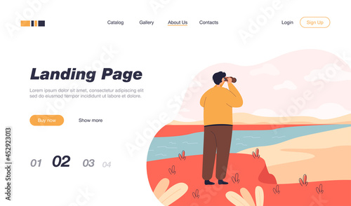 Back view of man exploring nature in binoculars flat vector illustration. Cartoon character looking for or searching new horizons and life goals. Travel, discovery and exploration concept