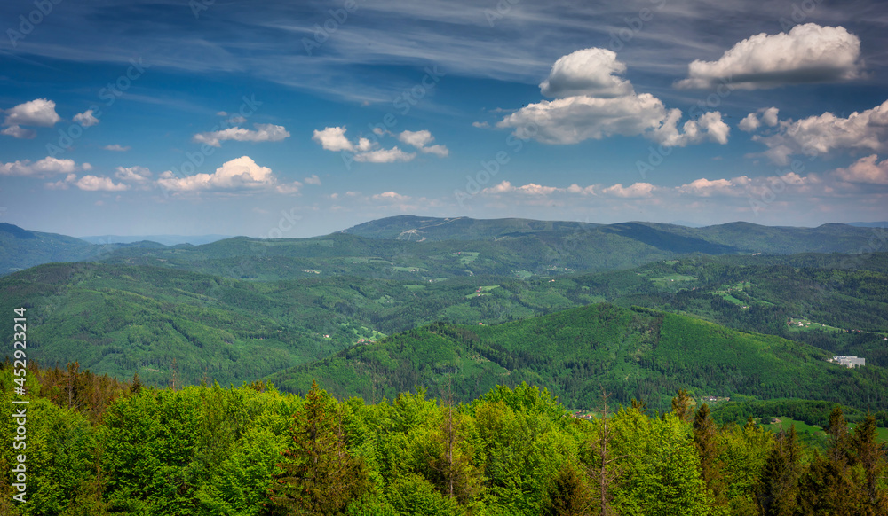 Beautiful landscape of the Silesian Beskids from Czantoria Wielka mountain. Poland