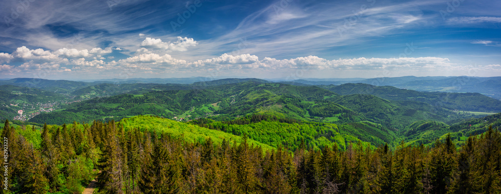Fototapeta premium Beautiful landscape of the Silesian Beskids from Czantoria Wielka mountain. Poland