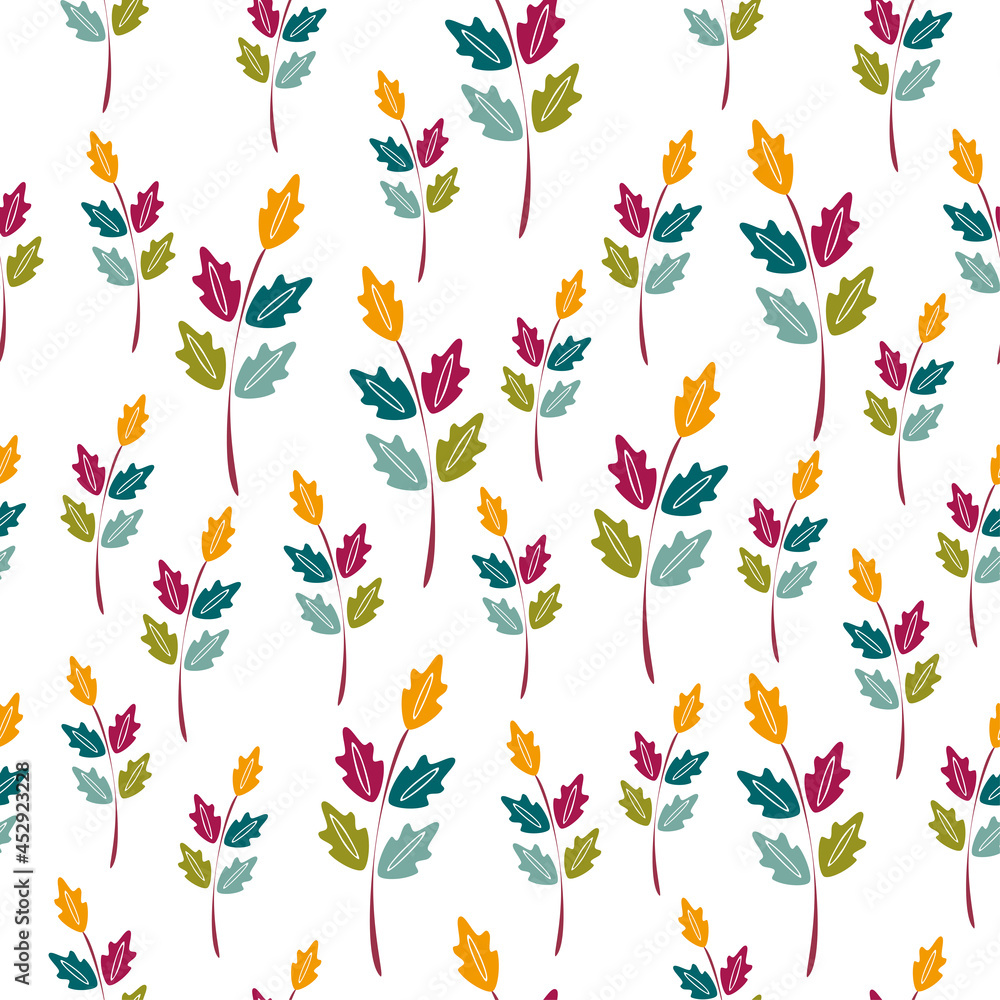 Seamless pattern, vector in a flat style, with decorative flowers. Branches with small leaves and delicate foliage. Background or print for greeting cards, textiles or wrappers.