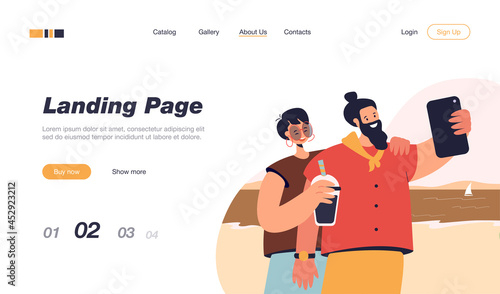 Happy couple taking photo with phone on beach. Young woman and man holding cellphone flat vector illustration. Traveling, summer, holiday concept for banner, website design or landing web page