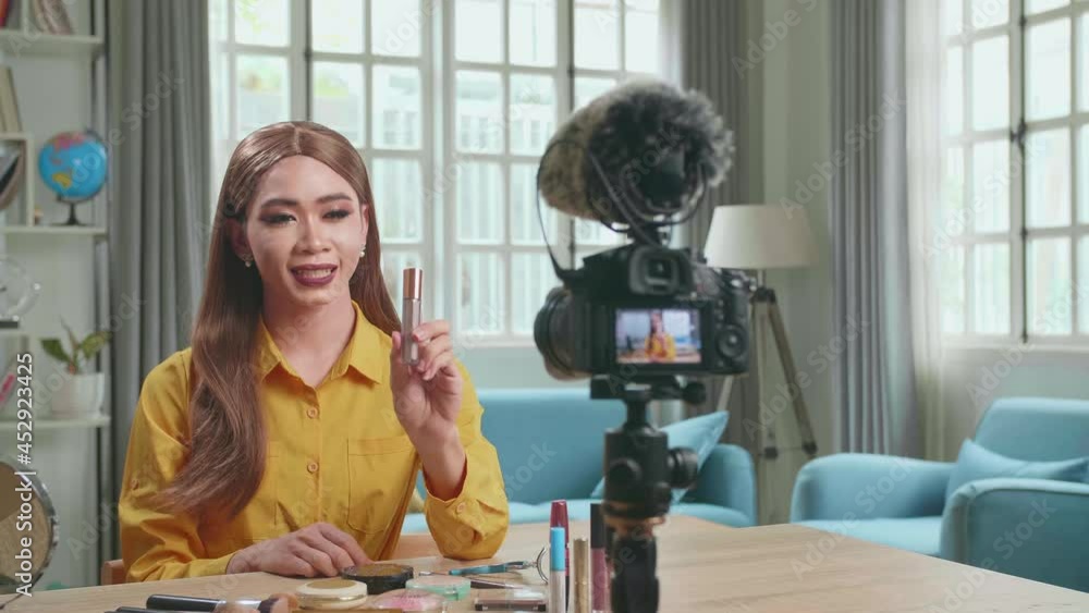 Influencer Young Shemale Blogger Talks About Makeup. Shemale Recording Video Blog Tells How To Be Beautiful. Blogger Talks Facial Beauty Treatments. Vlogger Broadcasts How To Use Of Cosmetic In Home S Stock Video | Adobe Stock