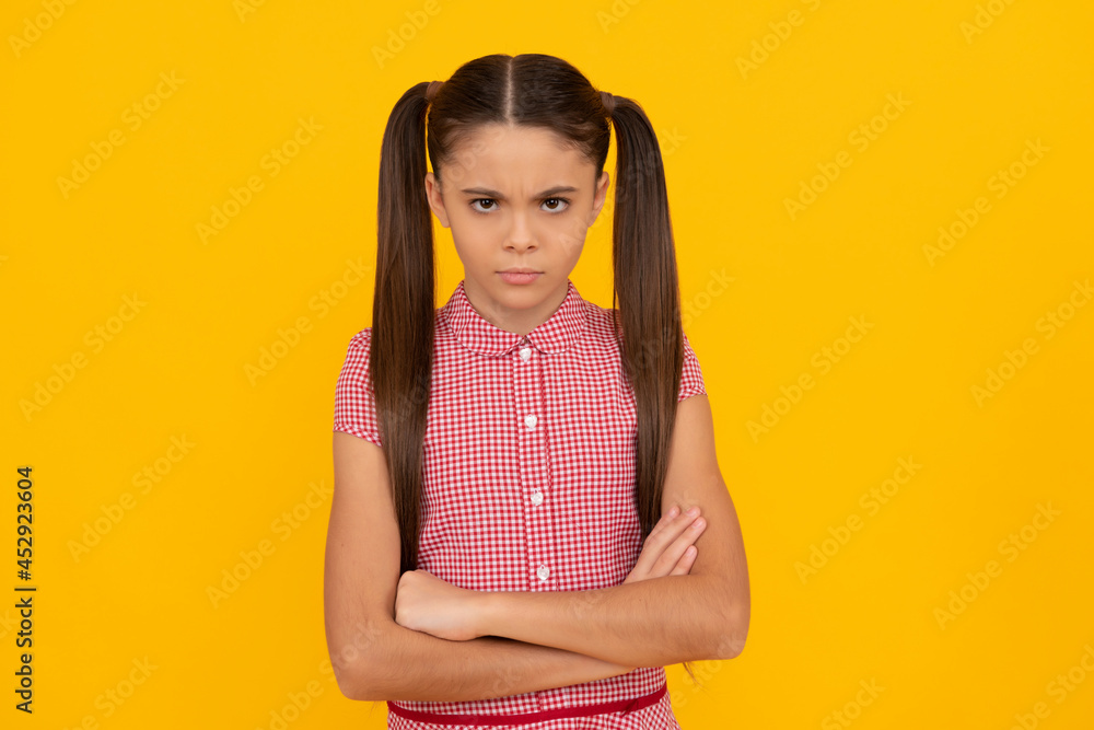 Being in capricious mood. Stubborn child yellow background. Girl with stubborn character - obrazy, fototapety, plakaty 
