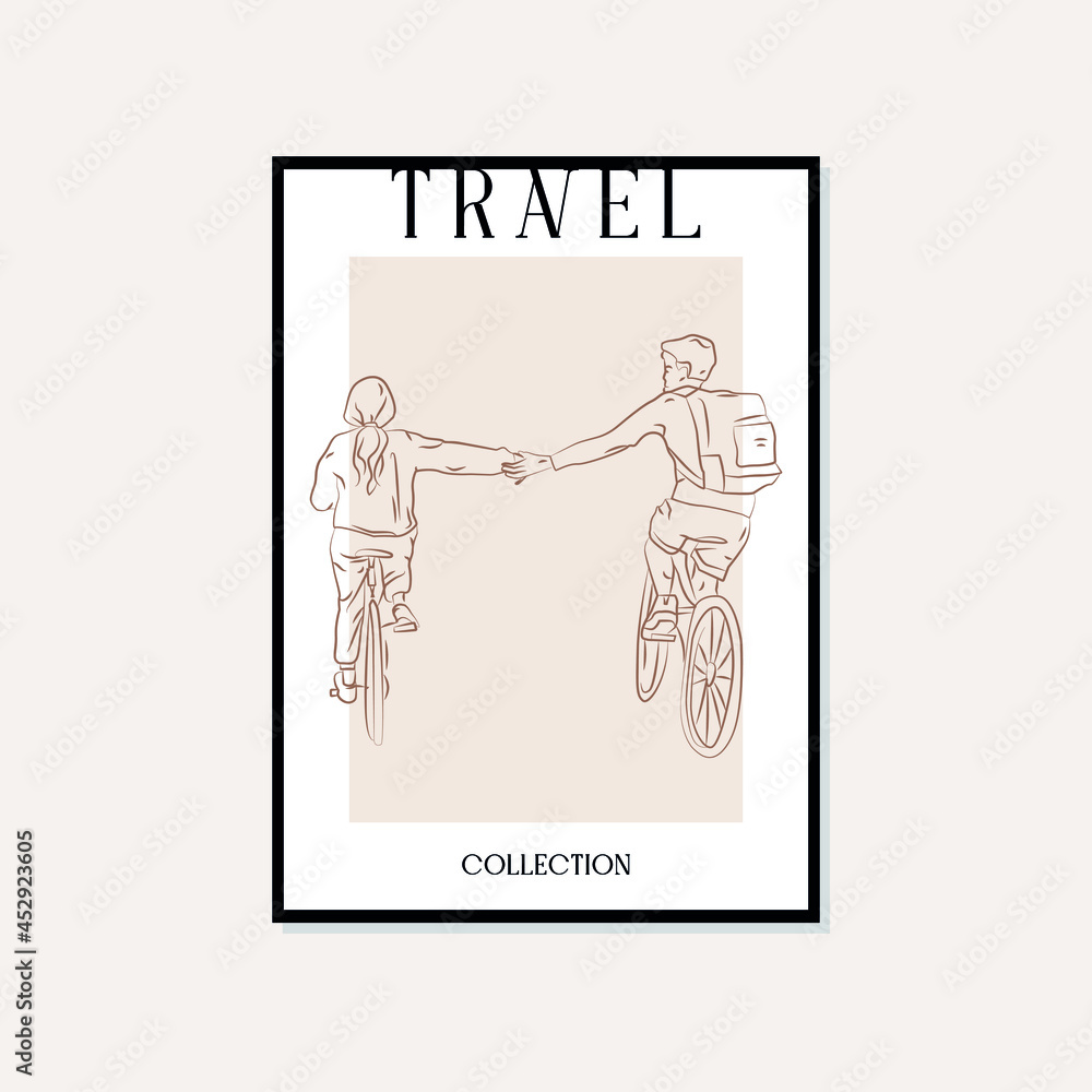 Fototapeta premium Hand drawn line art travel vector poster. Bohemian Minimal, boho style and natural wall art for print, cover, wallpaper. 