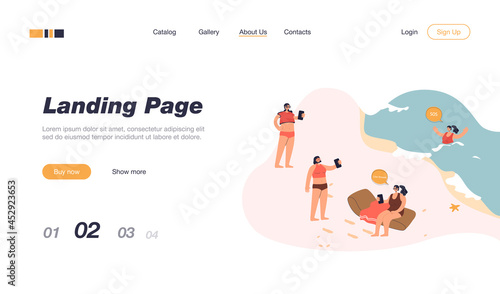 People on beach ignoring drowning woman. Female characters livestreaming on seashore while girl asking for help flat vector illustration. Addiction, social media concept for banner, website design