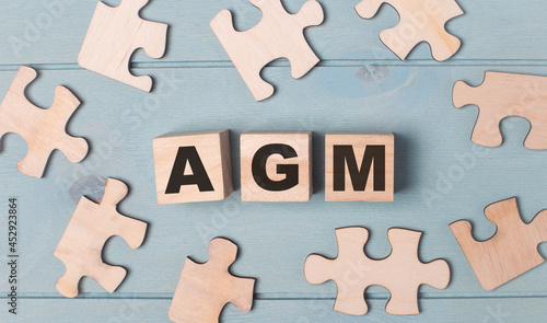 Blank puzzles and wooden cubes with the text AGM Annual General Meeting lie on a light blue background.