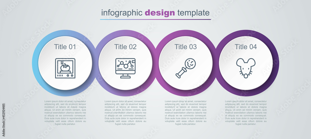 Set line 3D printing technology, Genetic engineering modification, Microorganisms under magnifier and Experimental mouse. Business infographic template. Vector Set line 3D printing technology, Genetic engineering modification, Microorganisms under magnifier and Experimental mouse. Business infographic template. Vector