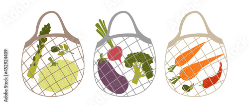 A set of products, vegetables and fruits in eco mesh bags. Reasonable consumption and care for the environment. Farm food packages for vegans and vegetarians. Vector flat illustration