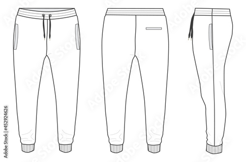 Fleece fabric Jogger Sweatpants overall technical fashion flat sketch vector illustration template front, back and side views isolated on white background.