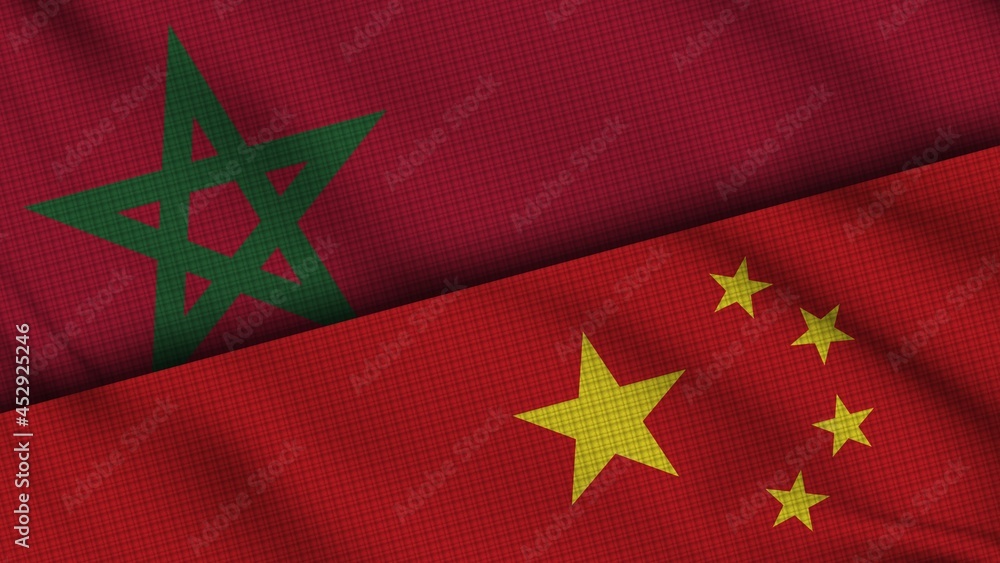 Morocco and China Flags Together, Wavy Fabric, Breaking News, Political Diplomacy Crisis Concept, 3D Illustration Morocco and China Flags Together, Wavy Fabric, Breaking News, Political Diplomacy Crisis Concept, 3D Illustration