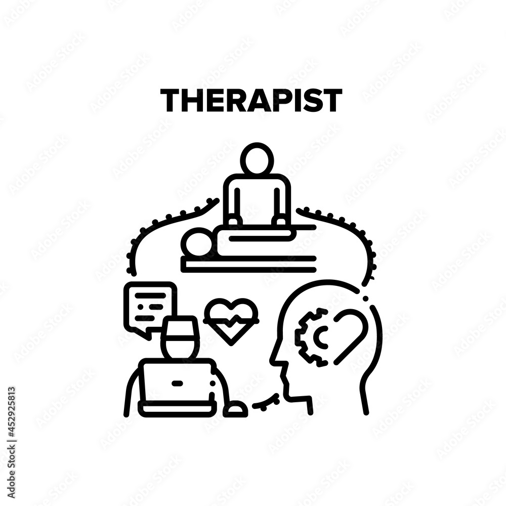 Therapist Doctor Vector Icon Concept. Therapist Doctor Online Examination And Diagnosis, Online Communication And Treatment. Masseur Massaging Patient In Cabinet Black Illustration Therapist Doctor Vector Icon Concept. Therapist Doctor Online Examination And Diagnosis, Online Communication And Treatment. Masseur Massaging Patient In Cabinet Black Illustration