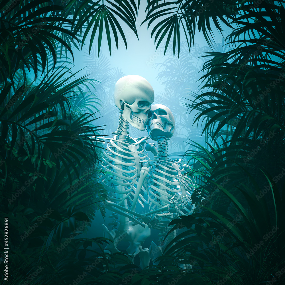 Gothic garden of Eden - 3D illustration of embracing male and female skeleton lovers surrounded by lush tropical jungle - obrazy, fototapety, plakaty 