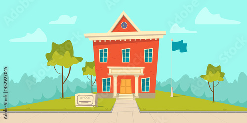 Bright beautiful flat illustration of school building for banner or poster design. Vector modern school illustration