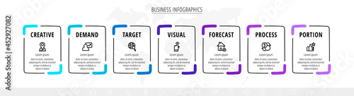 Business vector hand-drawn infographics with seven rectangles and icons. Timeline visualization with 7 steps and squares for diagram, flowchart, banner, presentations, web, content, levels, charta photo