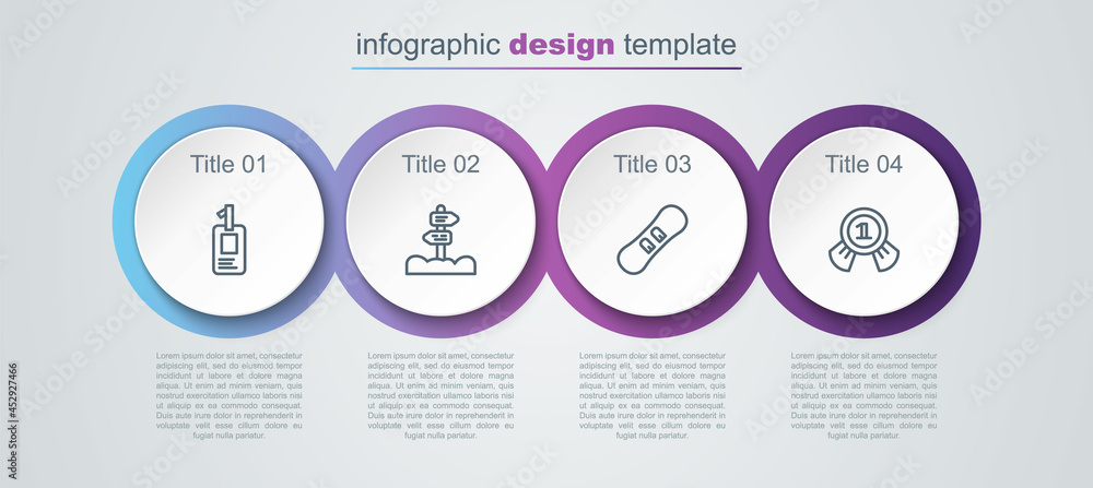 Set line Identification badge, Road traffic signpost, Snowboard and Medal. Business infographic template. Vector Set line Identification badge, Road traffic signpost, Snowboard and Medal. Business infographic template. Vector