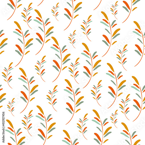 Abstract branches, leaves. Background or print for greeting cards, textiles or wrappers. Seamless pattern, vector in a flat style, with decorative flowers on a white background.