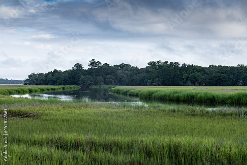 Orange crab buoy floats in the waterway of a salt marsh, early morning Mount Pleasant South Carolina, horizontal aspect
