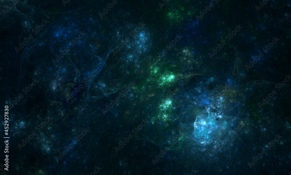 Amazing mesmerizing 3d illustration of interstellar clusters, glowing starry space, far galaxies and nebula in blue green lights. Futuristic fictional digital artwork. Great as background or cover.