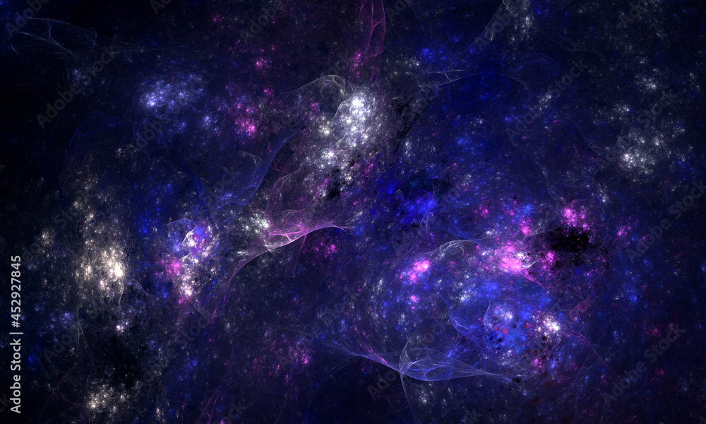Amazing mesmerizing 3d illustration of glowing starry space, far galaxies, interstellar clusters and nebula in blue violet lights. Futuristic fictional digital artwork. Great as background or cover.