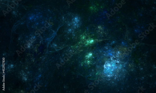 Amazing mesmerizing 3d illustration of interstellar clusters  glowing starry space  far galaxies and nebula in blue green lights. Futuristic fictional digital artwork. Great as background or cover.