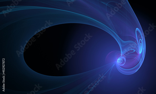 Fotografi Abstract 3d digital loop in purple blue luminescent light in deep dark space creating frame or portal into infinity