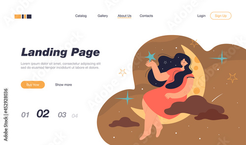 Happy woman sitting on crescent and holding star flat vector illustration. Cartoon character sleeping, relaxing and dreaming at night. REM state and healthy dreams concept