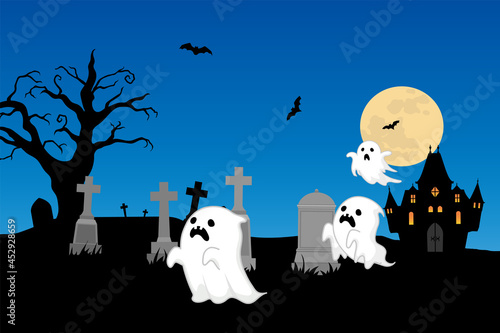 ハロウィンのイラスト　お化けと墓地とお化け屋敷