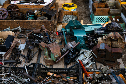 Still life photo of old and rusty vintage items at a junk shop in Old Quarter Hanoi, Vietnam