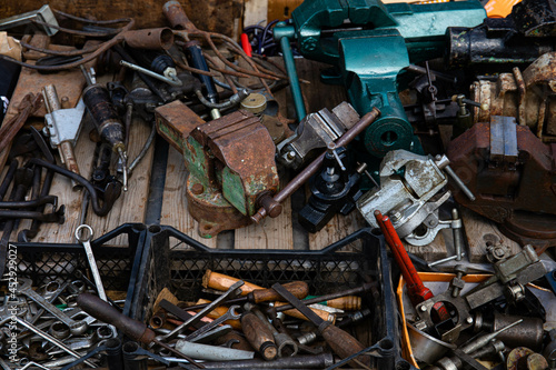 Still life photo of old and rusty vintage items at a junk shop in Old Quarter Hanoi, Vietnam