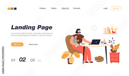 Young mother working online at home with kid. Flat vector illustration. Woman holding baby, sitting at desk and working on computer. Workplace, maternity, freelance concept for banner design