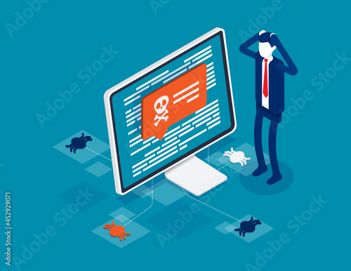 Cyber attack on the computer. Isometri virus protection concept
